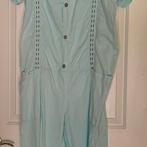 Vintage French Light Blue Button-Up Jumpsuit